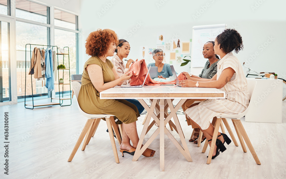 Fototapeta premium Creative people, fashion design and meeting in brainstorming, team strategy or clothing ideas at office. Group of women designers in retail startup, project plan or teamwork discussion at workplace
