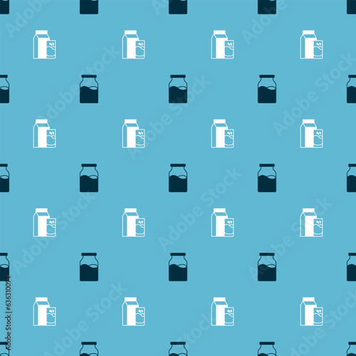 Set Bottle with milk and Paper package for kefir on seamless pattern. Vector