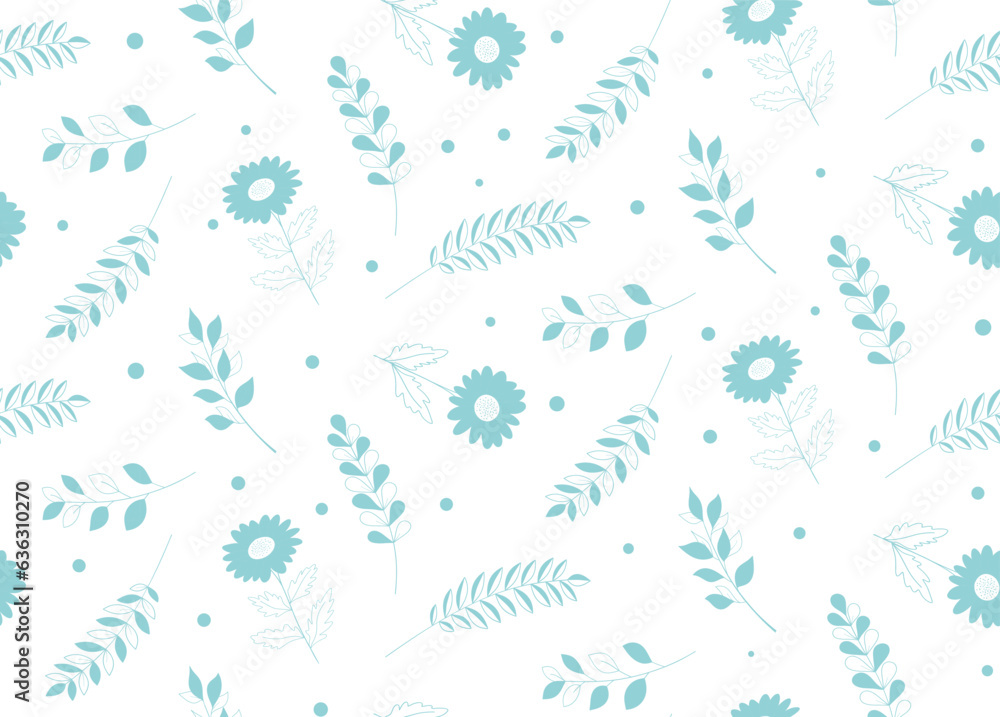 Seamless floral pattern with daisies and twigs, line and silhouette.