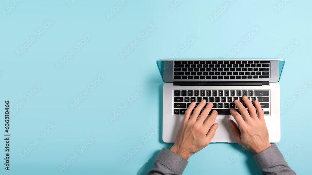 Fototapeta premium Top view of businessman typing on laptop on workplace, copy space