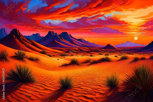 sunset in the desert, Vibrant sunset at the desert scene with a hill and colorful land