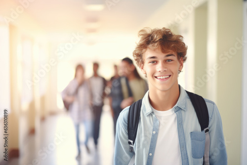 Portrait of a young happy teenage boy in school. Study and education concept.
