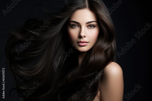 Beautiful model girl with dark hair. Care and beauty hair products