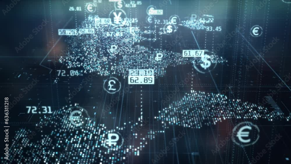Global currencies exchange on abstract digital world map background. Stock market investment and trading concept. Transfer money technology and CBDC payments worldwide. Online banking account Global currencies exchange on abstract digital world map background. Stock market investment and trading concept. Transfer money technology and CBDC payments worldwide. Online banking account