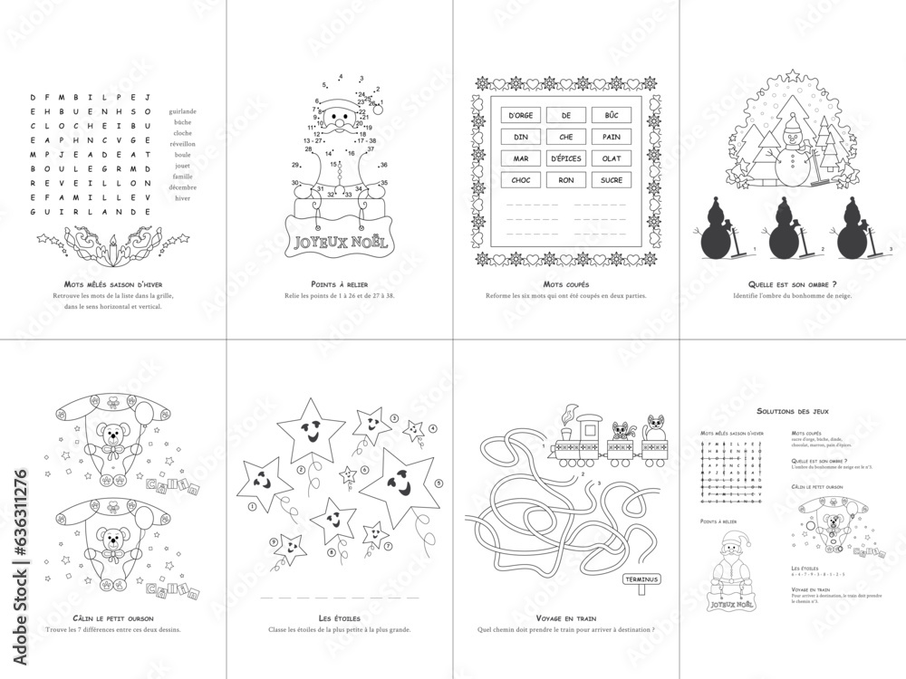 Set of seven games. Christmas Theme. Game and coloring page for kids. French language. Vector illustration. Set No. 3.