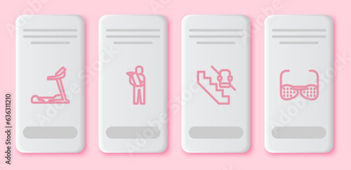 Set line Treadmill machine, Human broken arm, Disabled elevator and Blind glasses. White rectangle button. Vector