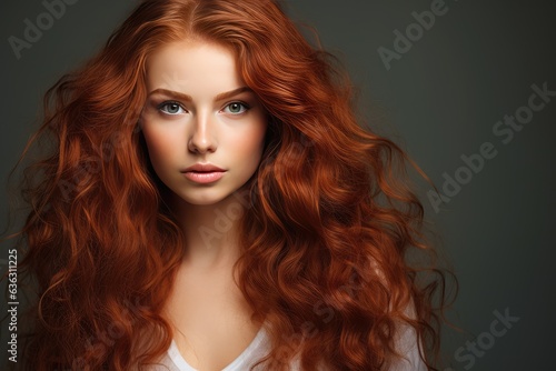 Beautiful model girl with long red curly hair. Red head. Care and beauty hair products