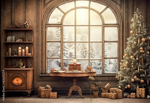 A christmas tree is in a room with a large window with snow view