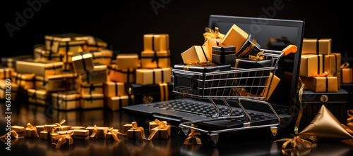 Black friday concept background Black friday online shopping concept with cart and gifts