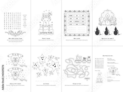 Set of seven games. Christmas Theme. Game and coloring page for kids. French language. Vector illustration. Set No. 3.