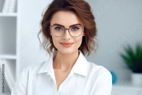 Beautiful woman wearing glasses white light background Confident professional doctor smile