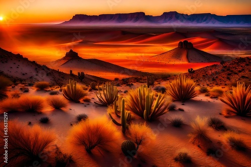 sunset in the desert, Vibrant sunset at the desert scene with a hill and colorful land