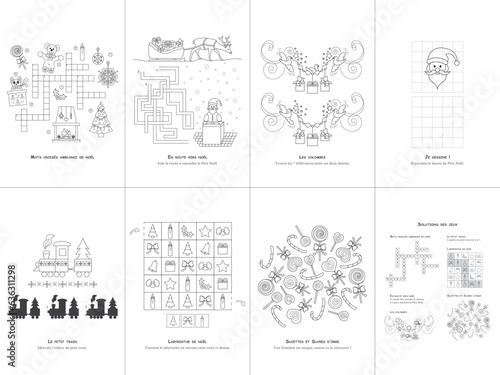 Set of seven games. Christmas Theme. Game and coloring page for kids. French language. Vector illustration. Set No. 2.