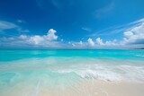 Beautiful panoramic view of turquoise ocean water, white sand beach, and blue sky with clouds. Perfect natural setting for summer vacation. Generative AI
