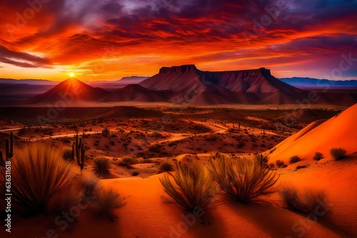 sunset in the desert, Vibrant sunset at the desert scene with a hill and colorful land