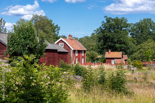 Typical village in Sweden with red wooden houses