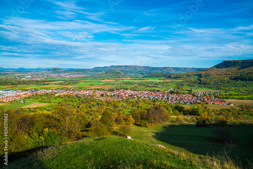 Obraz na płótnie Germany, view above swabian alb nature landscape bissingen unter teck city houses sunny day autumn colorful blue sky w salonie