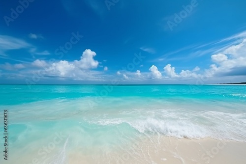 Beautiful panoramic view of turquoise ocean water, white sand beach, and blue sky with clouds. Perfect natural setting for summer vacation. Generative AI