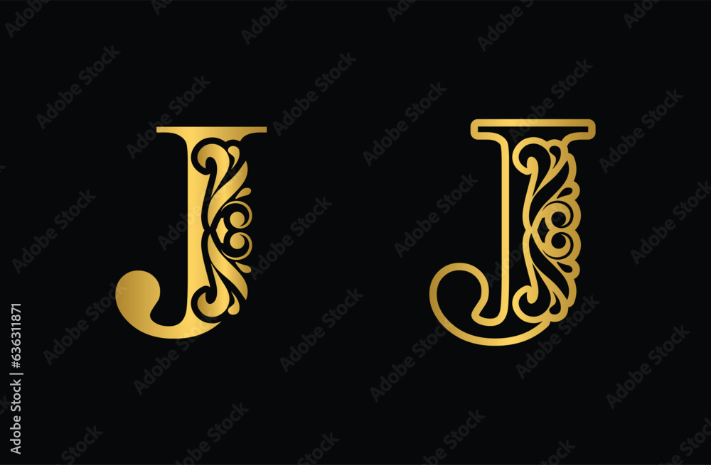 Golden letter J. Gold flower alphabet. Beautiful capital letters with shadow Golden letter J. Gold flower alphabet. Beautiful capital letters with shadow