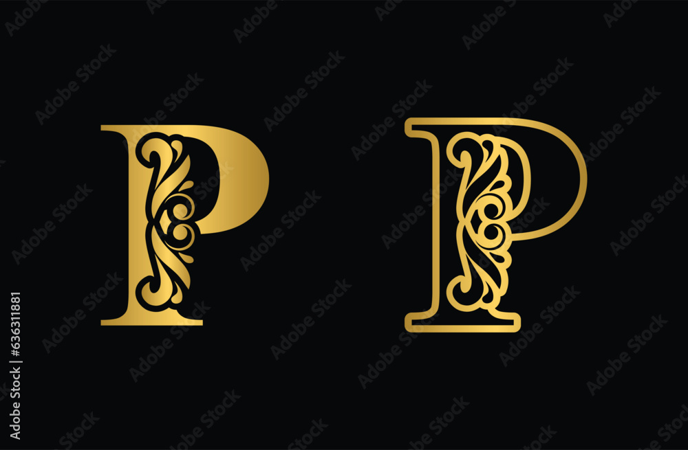 Golden letter P. Gold flower alphabet. Beautiful capital letters with shadow Golden letter P. Gold flower alphabet. Beautiful capital letters with shadow