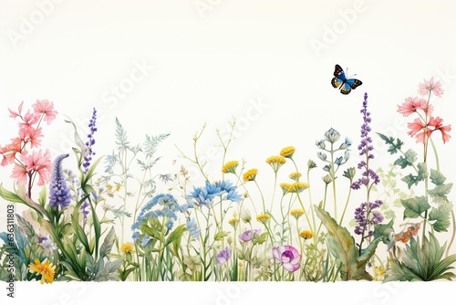 Vibrant border featuring herbs, wildflowers, leaves, and butterfly on a white background. Perfect botanical illustration for spring. Generative AI