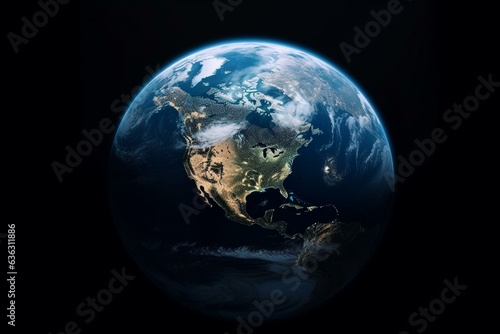 Overhead perspective of the globe. Blue Earth seen from the sky. Generative AI