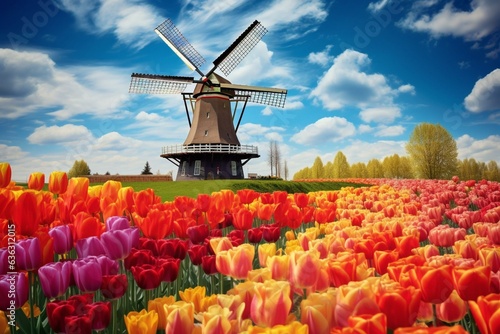 Colorful digital artwork featuring a Dutch windmill surrounded by vibrant tulips. Generative AI
