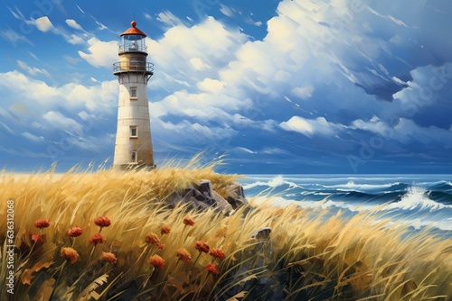 Painting of a lighthouse in a wheat field with the sea in the background. Generative AI