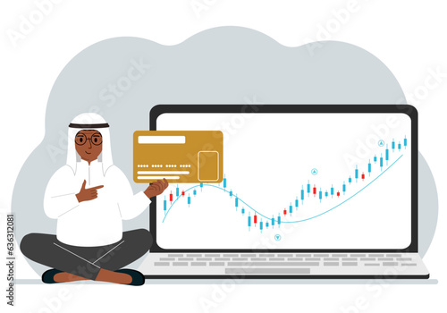 A laptop with a promo page of stock trading or trading on the stock exchange next to a man holding a plastic card. Financial chart for buying and selling in the stock market. Vector flat illustration