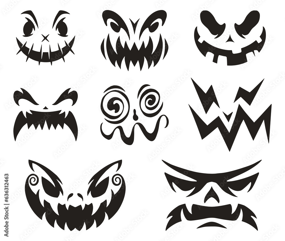 Halloween faces set stickers monochrome