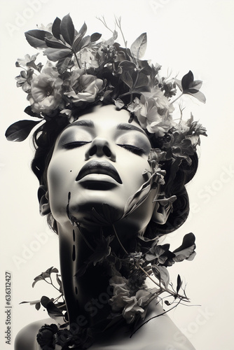 portrait of a woman with flowers. black and white. abstract wall art. Generative AI