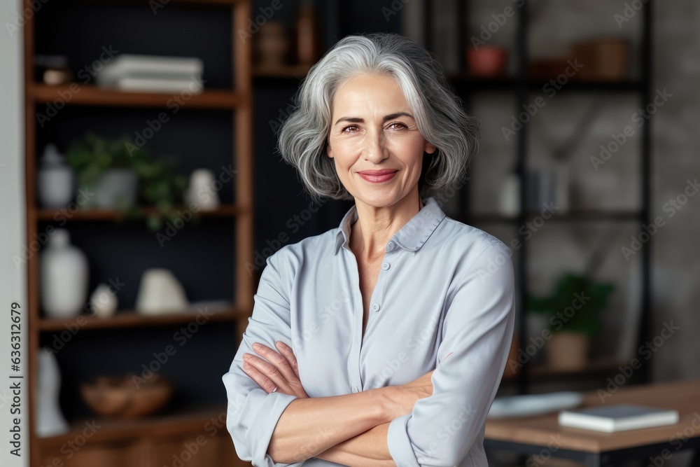 Smiling confident stylish mature middle aged woman standing at home office Smiling confident stylish mature middle aged woman standing at home office