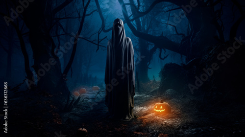 Grim reaper in black cloth standing on on dark foggy forest path way, Scary night forest