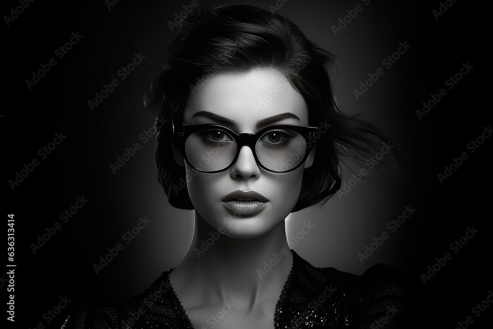 Eyeglasses fashion photography, cool and beautiful 30 year old woman, Tom Ford style glasses, professional lighting and composition Eyeglasses fashion photography, cool and beautiful 30 year old woman, Tom Ford style glasses, professional lighting and composition