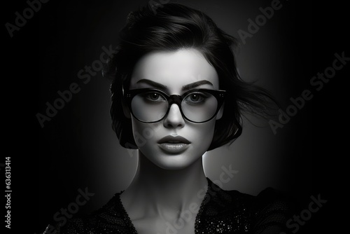 Eyeglasses fashion photography, cool and beautiful 30 year old woman, Tom Ford style glasses, professional lighting and composition © Creative Clicks
