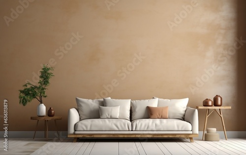 Simplistic Interior Beige Sofa with Vacant Beige Wall. Generative AI