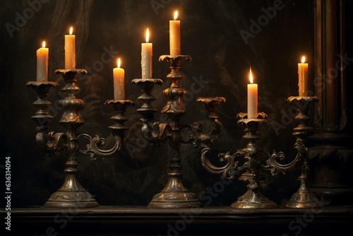 Candles aflame in old candleholders against a dark backdrop. Generative AI