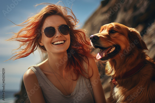 Young happy woman with a dog, smiling hostess female with a pet at sea on a sunny day © Sergio