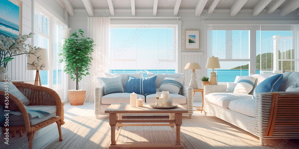 Coastal beach house living room with a breezy, nautical theme and coastal decor.