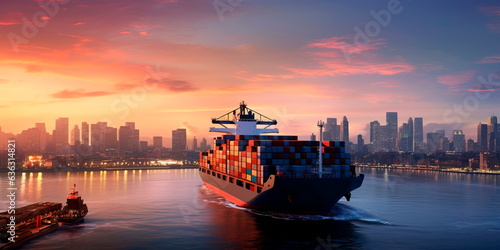 container ship entering a major port at dusk, with the city skyline in the background, symbolizing the urban integration of trade hubs. © Maximusdn