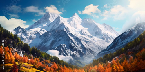 panoramic view of a majestic mountain range, with snow-capped peaks and a foreground of trees in their autumn glory. Generative Ai