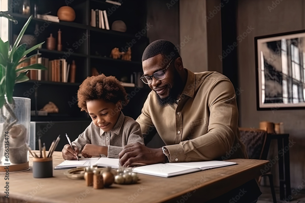 Father and his son doing homework for school