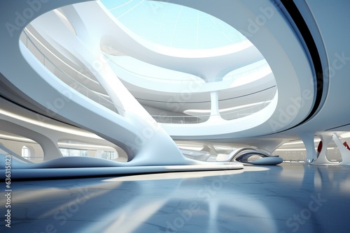 Futuristic curved architecture interior in 3D. Generative AI