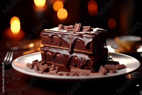 Delicious pie, cake with chocolate on a wooden table. Sweet breakfast