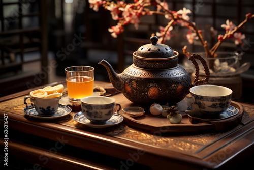 Classic tea banquet on table with teapot and cups, Chinese style