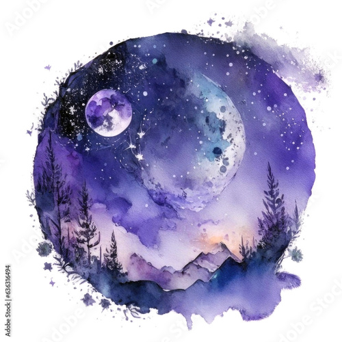 night landscape with moon watercolor clipart  isolated