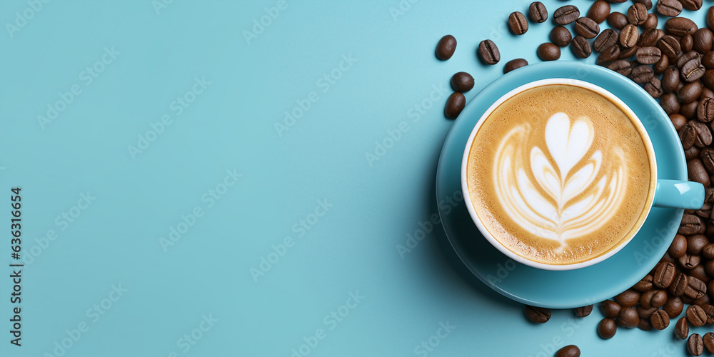 Top view of Latte art and coffee bean on solid blue background. Generative AI Technology - obrazy, fototapety, plakaty 