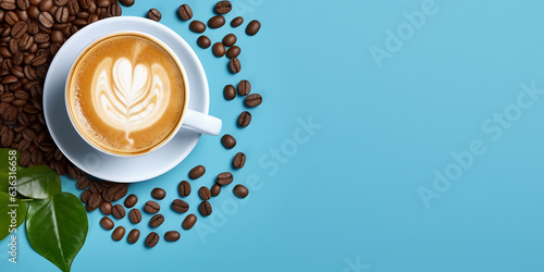 Top view of Latte art and coffee bean on solid blue background. Generative AI Technology