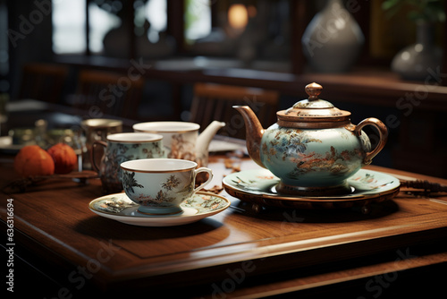Classic tea banquet on table with teapot and cups  Chinese style