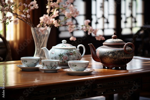 Classic tea banquet on table with teapot and cups, Chinese style